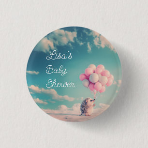 Cute hedgehog with birthday balloons, customisable 3 cm round badge