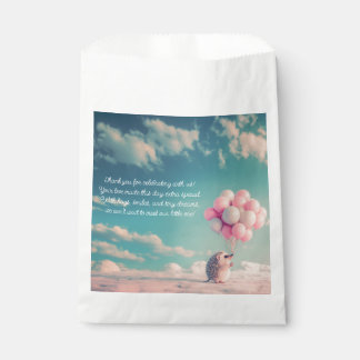 Cute hedgehog with birthday balloons, customisable favour bag