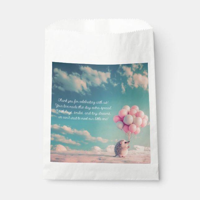 Cute hedgehog with birthday balloons, customisable favour bag (Front)