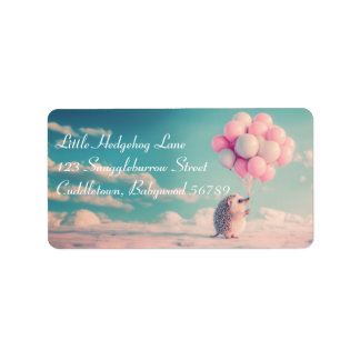 Cute hedgehog with birthday balloons, customisable label