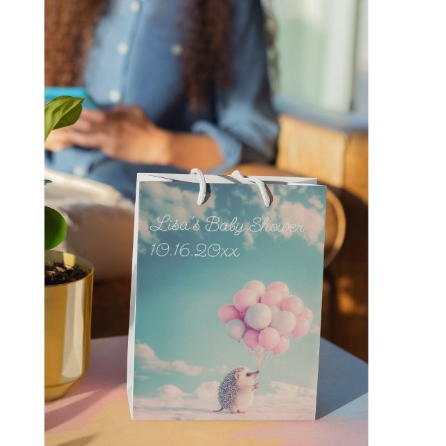 Cute hedgehog with birthday balloons, customisable medium gift bag (Creator Uploaded)