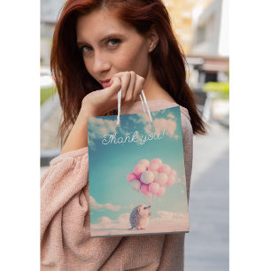 Cute hedgehog with birthday balloons, customisable medium gift bag