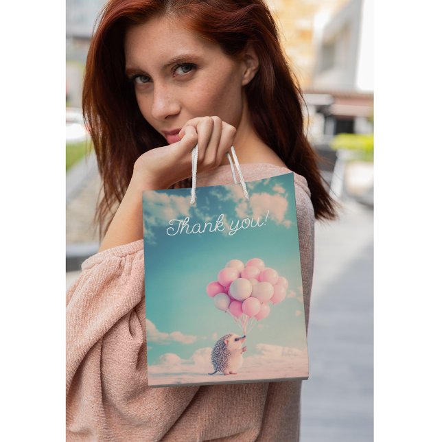 Cute hedgehog with birthday balloons, customisable medium gift bag (Creator Uploaded)