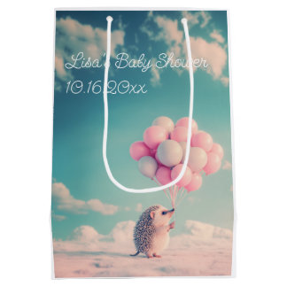 Cute hedgehog with birthday balloons, customisable medium gift bag