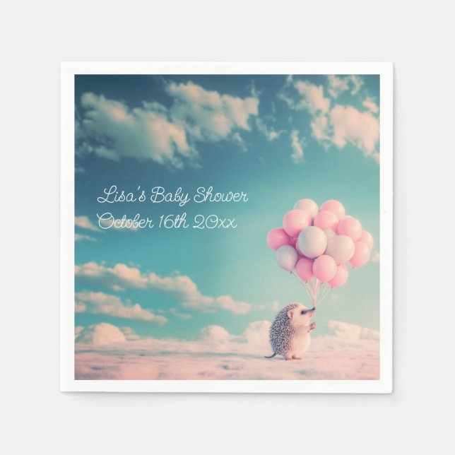 Cute hedgehog with birthday balloons, customisable napkin (Front)