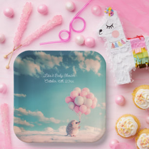 Cute hedgehog with birthday balloons, customisable paper plate