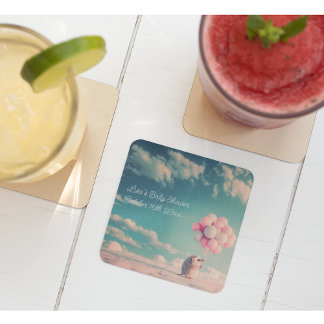 Cute hedgehog with birthday balloons, customisable square paper coaster