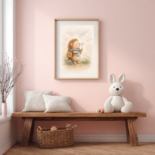 Cute Hedgehog with Dandelion Neutral Kids Room Poster