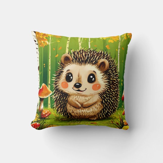 Cute Hedgehog With Green Forest Background Cushion (Front)