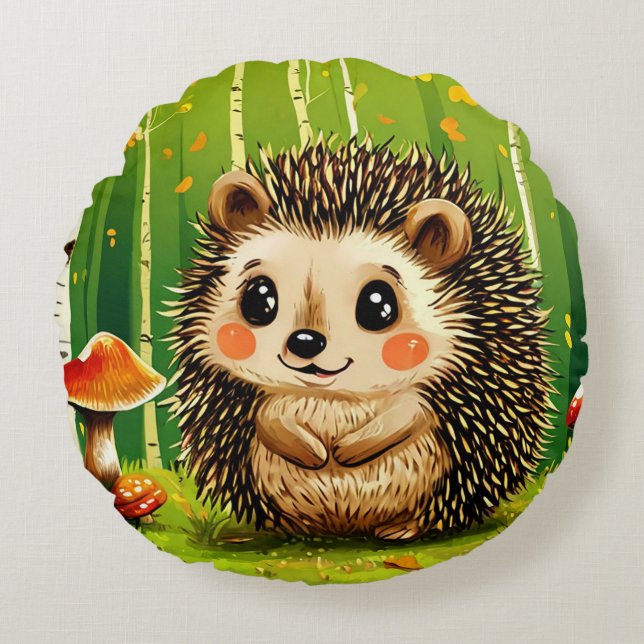 Cute Hedgehog With Green Forest Background Round Cushion (Front)