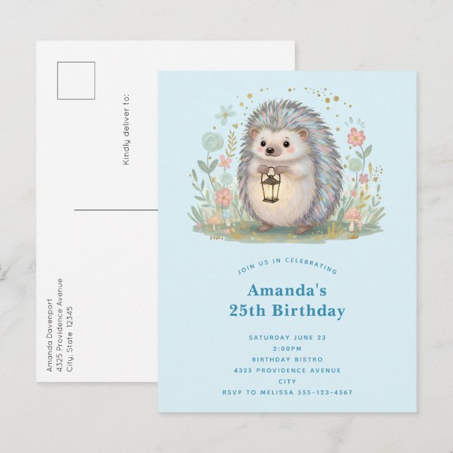 Cute Hedgehog with Lantern Birthday Invitation Postcard (Front/Back)