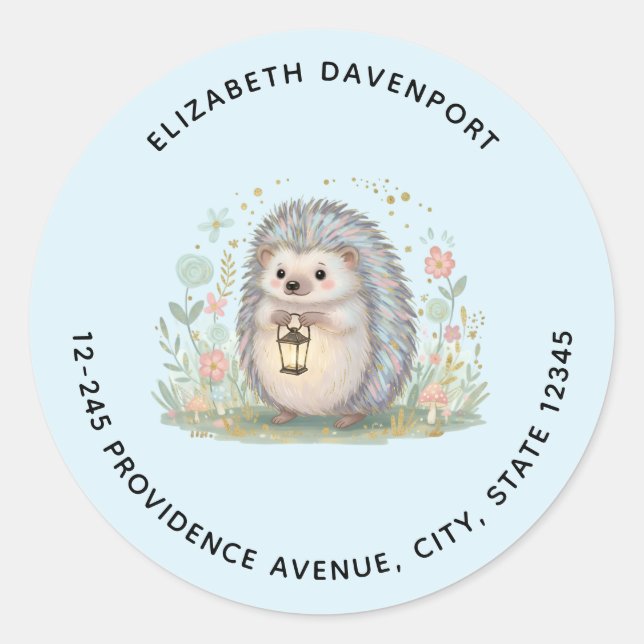 Cute Hedgehog with Lantern Blue Background Address Classic Round Sticker (Front)