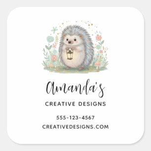 Cute Hedgehog with Lantern Business Square Sticker