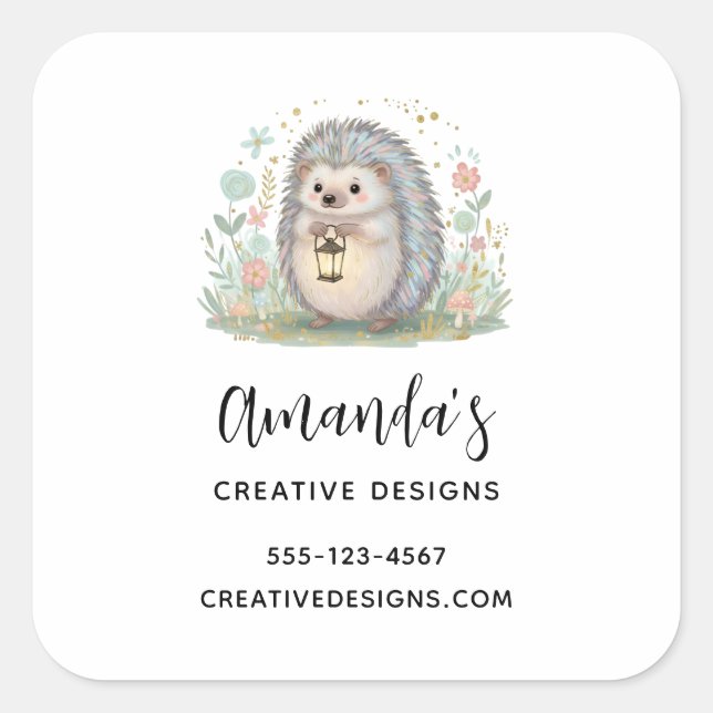 Cute Hedgehog with Lantern Business Square Sticker (Front)