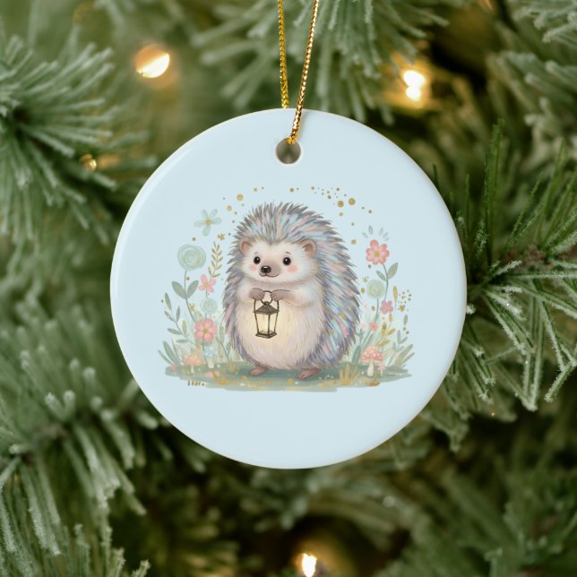 Cute Hedgehog with Lantern Ceramic Ornament (Tree)