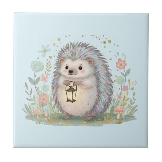 Cute Hedgehog with Lantern Ceramic Tile (Front)