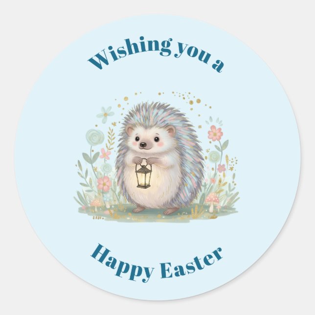 Cute Hedgehog with Lantern Easter Classic Round Sticker (Front)