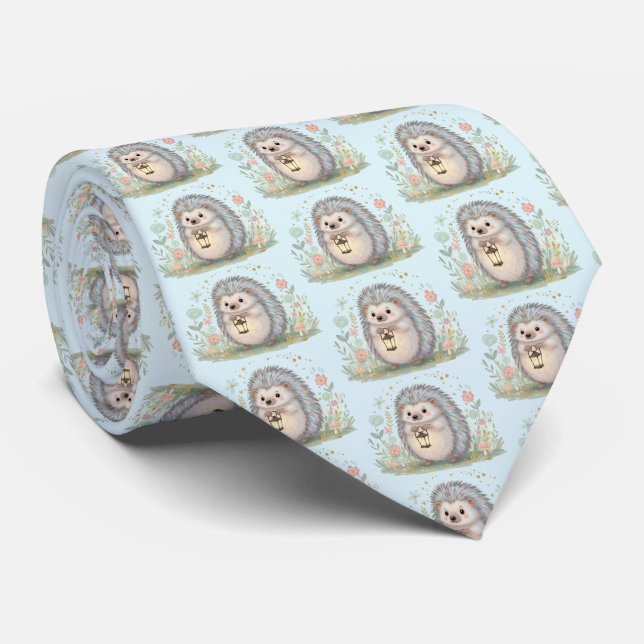 Cute Hedgehog with Lantern Pattern Tie (Rolled)
