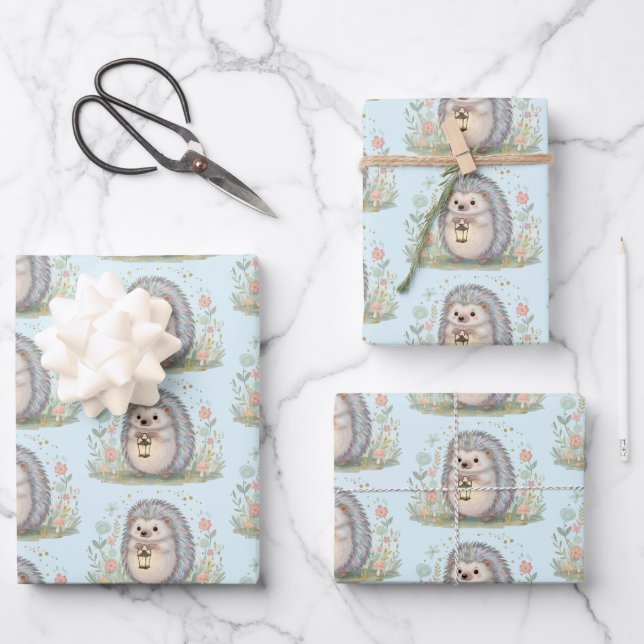 Cute Hedgehog with Lantern Pattern Wrapping Paper Sheet (Front)