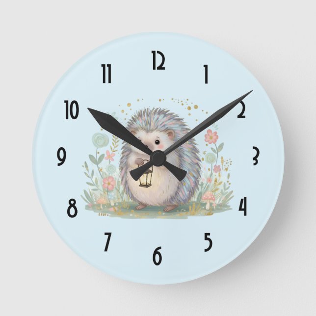 Cute Hedgehog with Lantern Round Clock (Front)