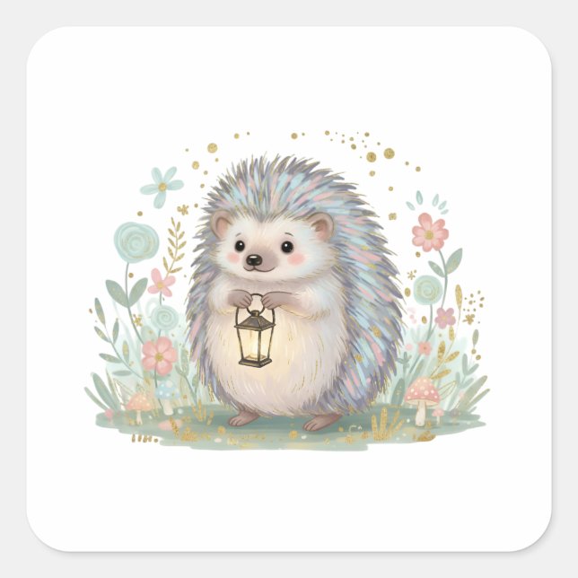 Cute Hedgehog with Lantern Square Sticker (Front)