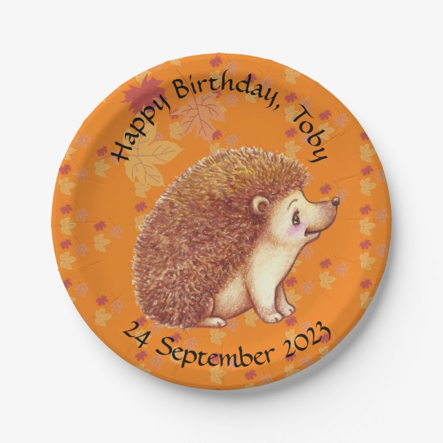 Cute hedgehog with orange leaves paper plate (Front)
