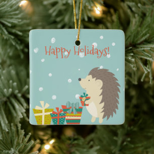 Cute Hedgehog with Presents Christmas Ceramic Ornament