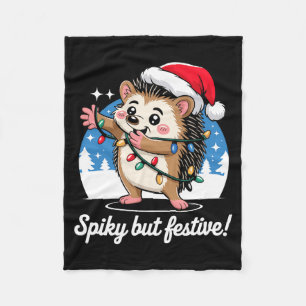 Cute Hedgehog With Santa Hat Christmas Lights Wint Fleece Blanket