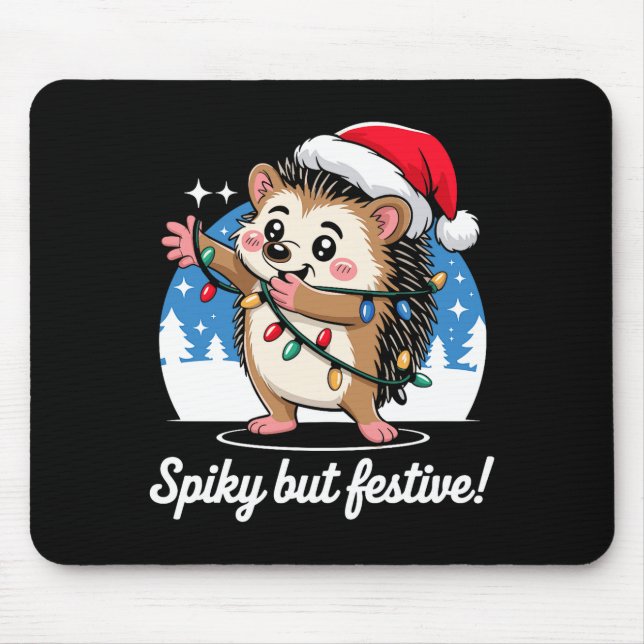 Cute Hedgehog With Santa Hat Christmas Lights Wint Mouse Pad (Front)
