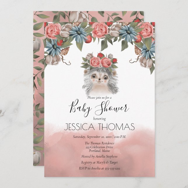 Cute Hedgehog Woodland Floral Girl Baby Shower Invitation (Front/Back)