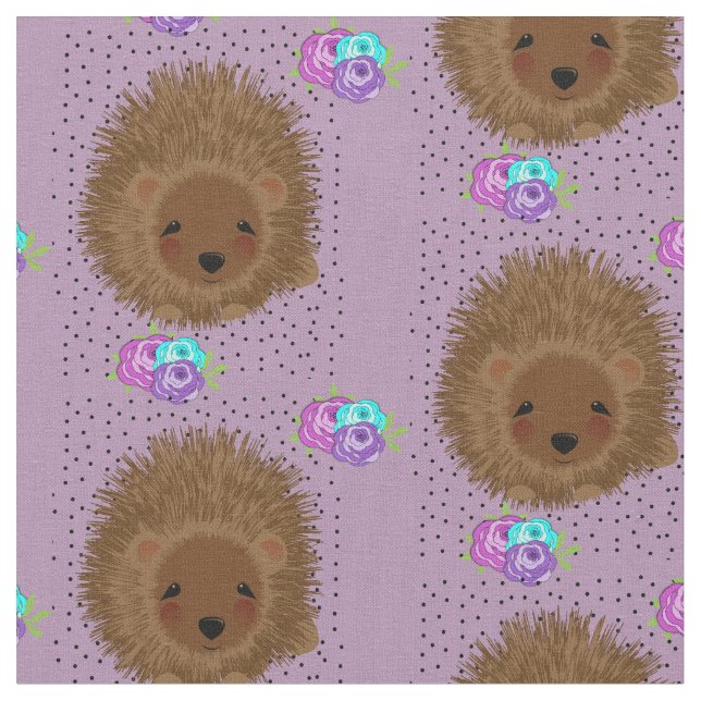 Cute Hedgehogs and Flower Posies Pretty Patterned Fabric (Close Up)