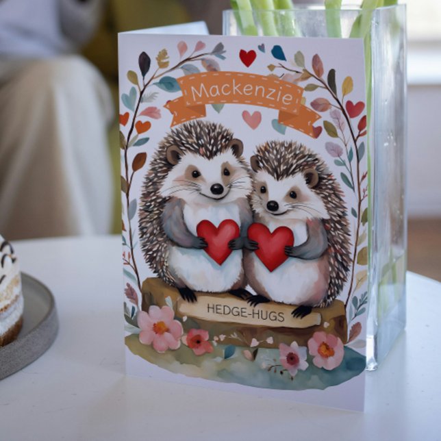 Cute Hedgehogs Hedgehugs personalised Valentines Holiday Card (Cute Hedgehogs Hedgehugs personalized Valentines Holiday Card by Ricaso. Hugs and kisses hedgehogs)