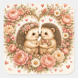 Cute Hedgehogs In Love Floral Heart Valentine Square Sticker