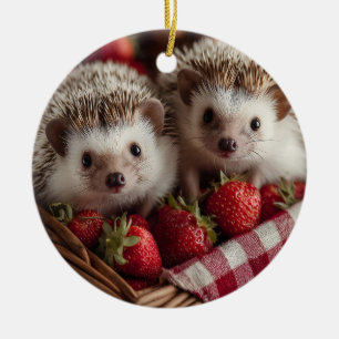 Cute Hedgehogs Peeking from a Strawberry Basket Ceramic Ornament