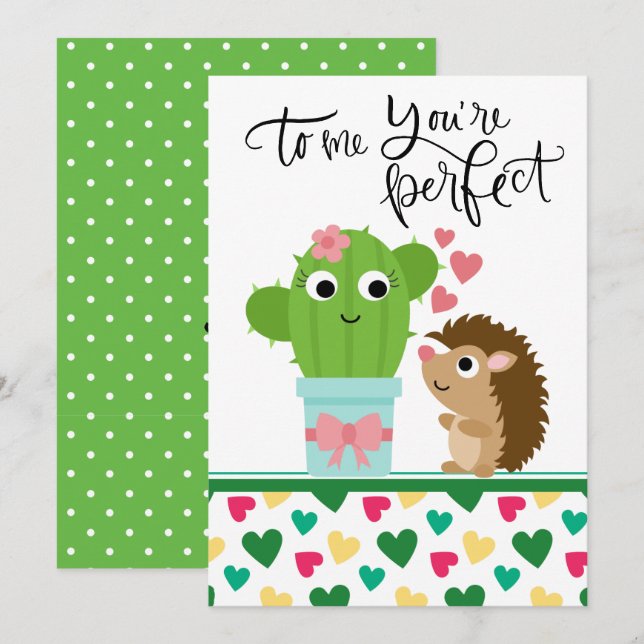 Cute Hedgehog's Valentine | Cactus You're Perfect Holiday Card (Front/Back)