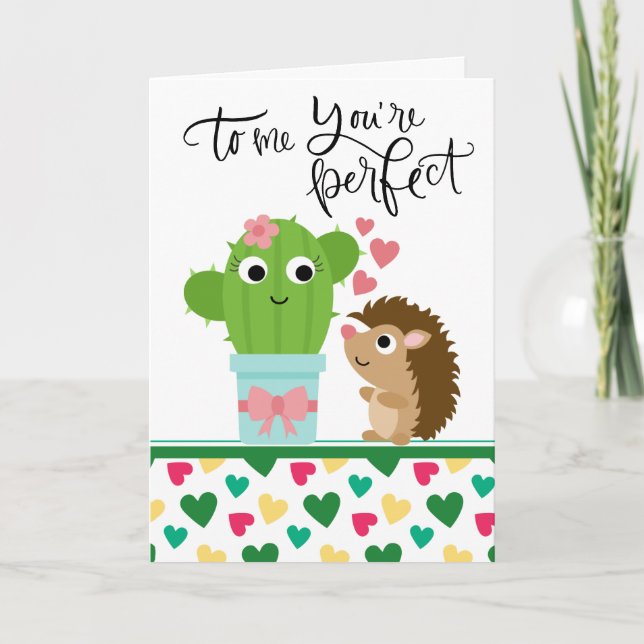 Cute Hedgehog's Valentine | Cactus You're Perfect Holiday Card (Front)