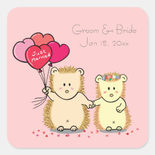 Cute hedgehogs with balloons, newly married couple square sticker