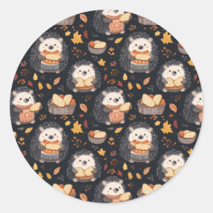 Cute Hedgehogs with Bread and Autumn Leaves Classic Round Sticker