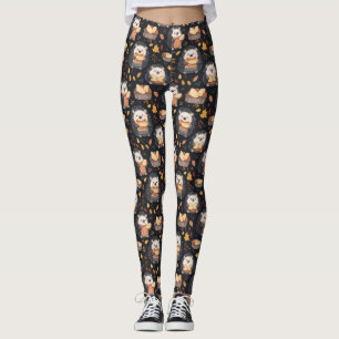 Cute Hedgehogs with Bread and Autumn Leaves Leggings
