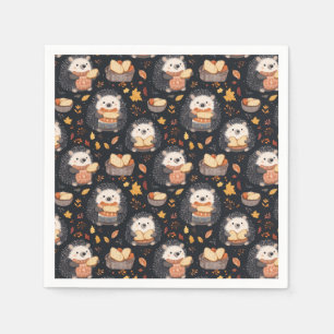 Cute Hedgehogs with Bread and Autumn Leaves Napkin