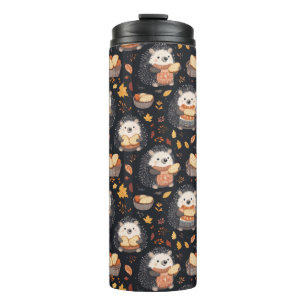 Cute Hedgehogs with Bread and Autumn Leaves Thermal Tumbler