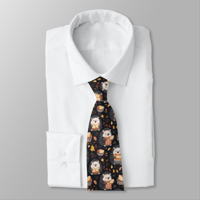 Cute Hedgehogs with Bread and Autumn Leaves  Tie (Tied)