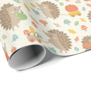 Cute Hedgehogs with Little Leaves Cream Wrapping Paper