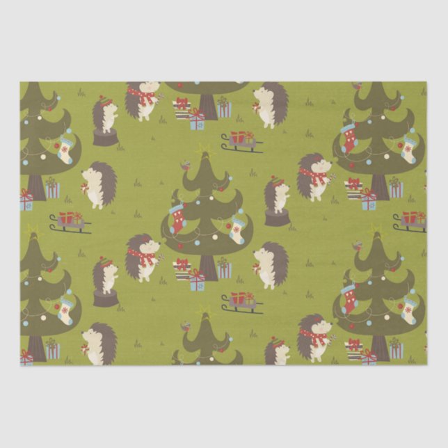 Cute Hedgehogs With Xmas Tree and Sleigh Kids  Tissue Paper (Front)
