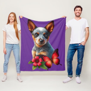 Cute Heeler Puppy With Butterfly and Flower Fleece Blanket
