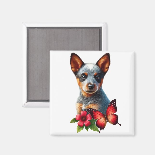 Cute Heeler Puppy With Butterfly and Flower  Magnet (Front/Back)