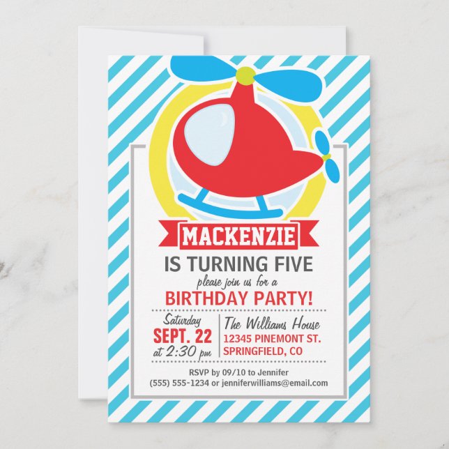 Cute Helicopter; Blue & White Stripes Invitation (Front)