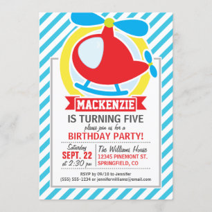 Cute Helicopter; Blue & White Stripes Invitation