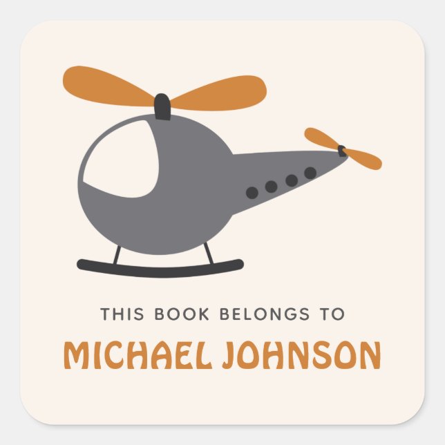 Cute Helicopter & Kid Boy Name Bookplate Square Sticker (Front)