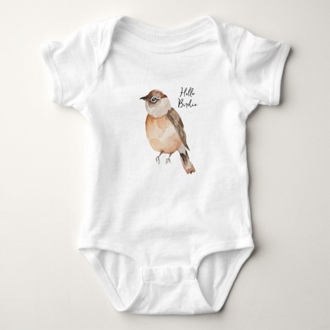cute Hello Birdie Orange Brown Watercolor Baby Bodysuit (Front)